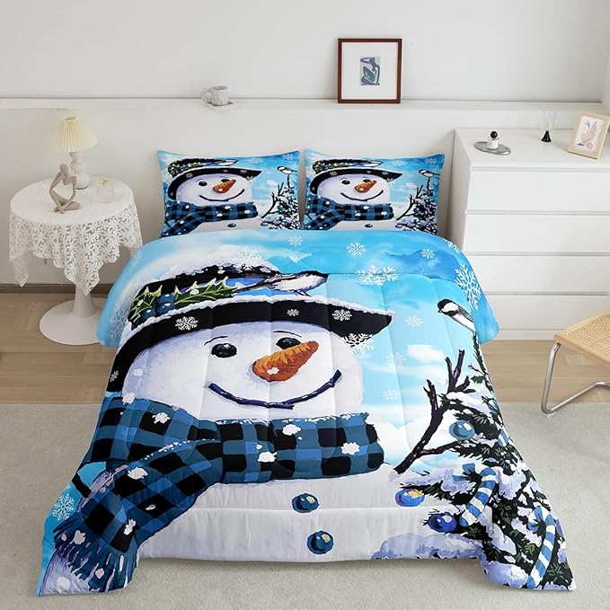 Feelyou Kids Christmas Theme Decorations Bedding Set Xmas Snowman Comforter Set for Boys Girls Cute Comforter Blue Bedroom Collection Full Size