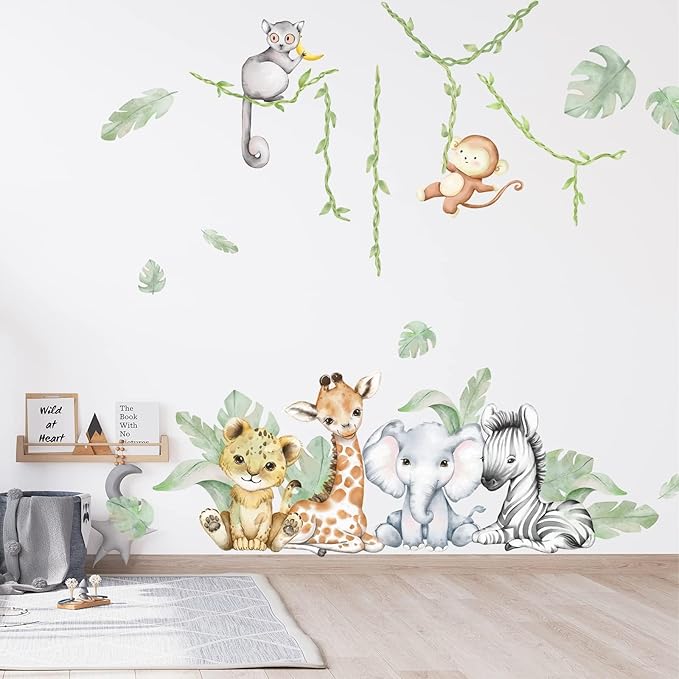 59.05x53.14 Inch Woodland Animals Wall Decals Forest Animal Wall Decal Elephant Zebra Monkey Giraffe Nursery Decor for Home Baby Room Decorations Boys Girls Bedroom