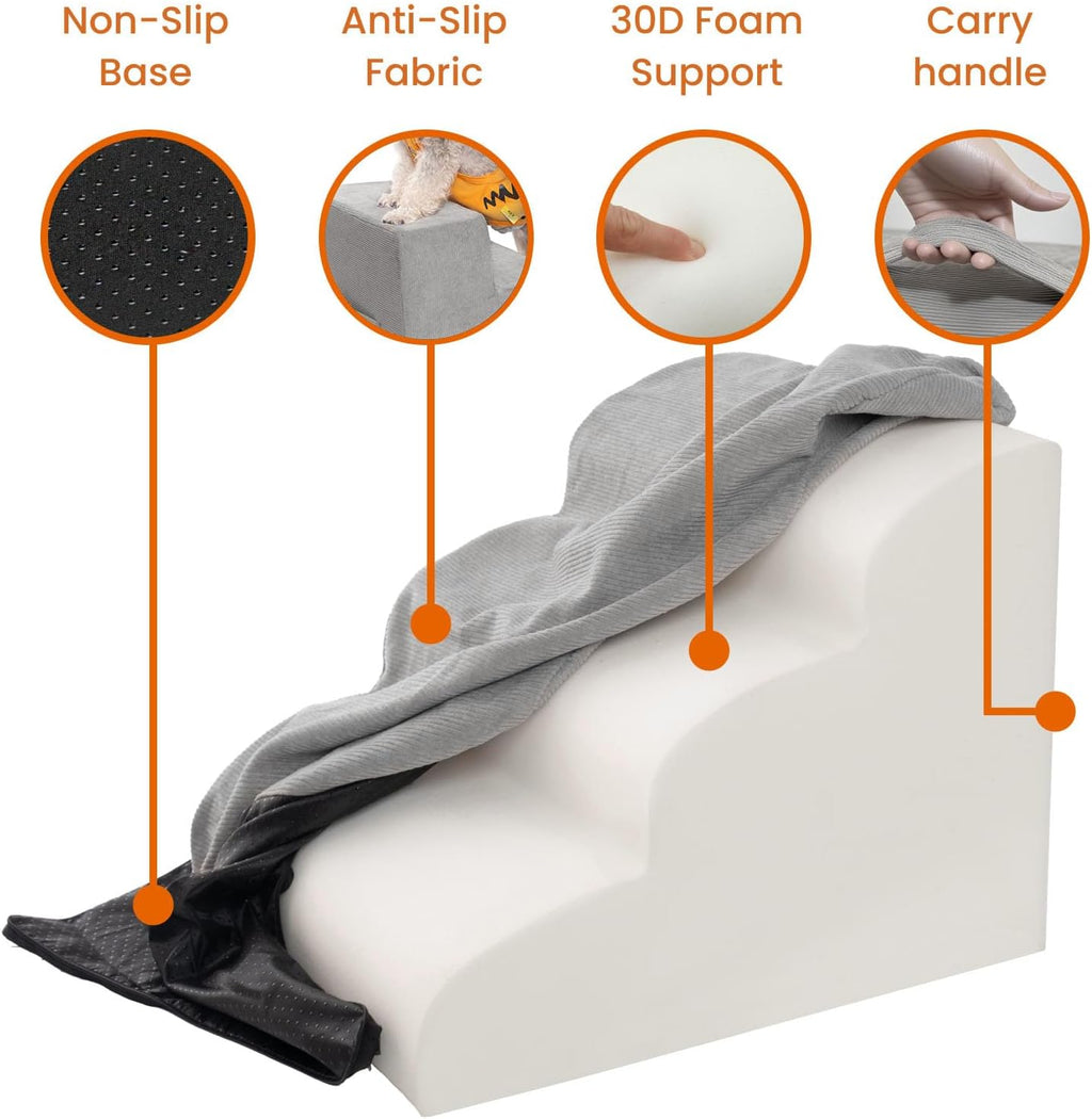 MEWANG Dog Stairs for Small & Medium Dogs and Old Cats –3/4/ 5 Steps High-Density Foam Pet Ramp for Bed & Couch, Non-Slip, Washable Cover, Grey (Round Corner, 4 Steps: 23.94''×18.27''×14.96'', 2)