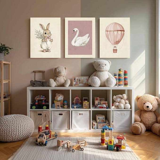 kilamino Pink Baby Girl Nursery Wall Art, Neutral Cute Rabbit and Swan Wall Decor, Vintage Hot Air Balloon Poster Prints, Pastel Bunny Animals Canvas Paintings for Baby Room Playroom Framed 16"x24"x3
