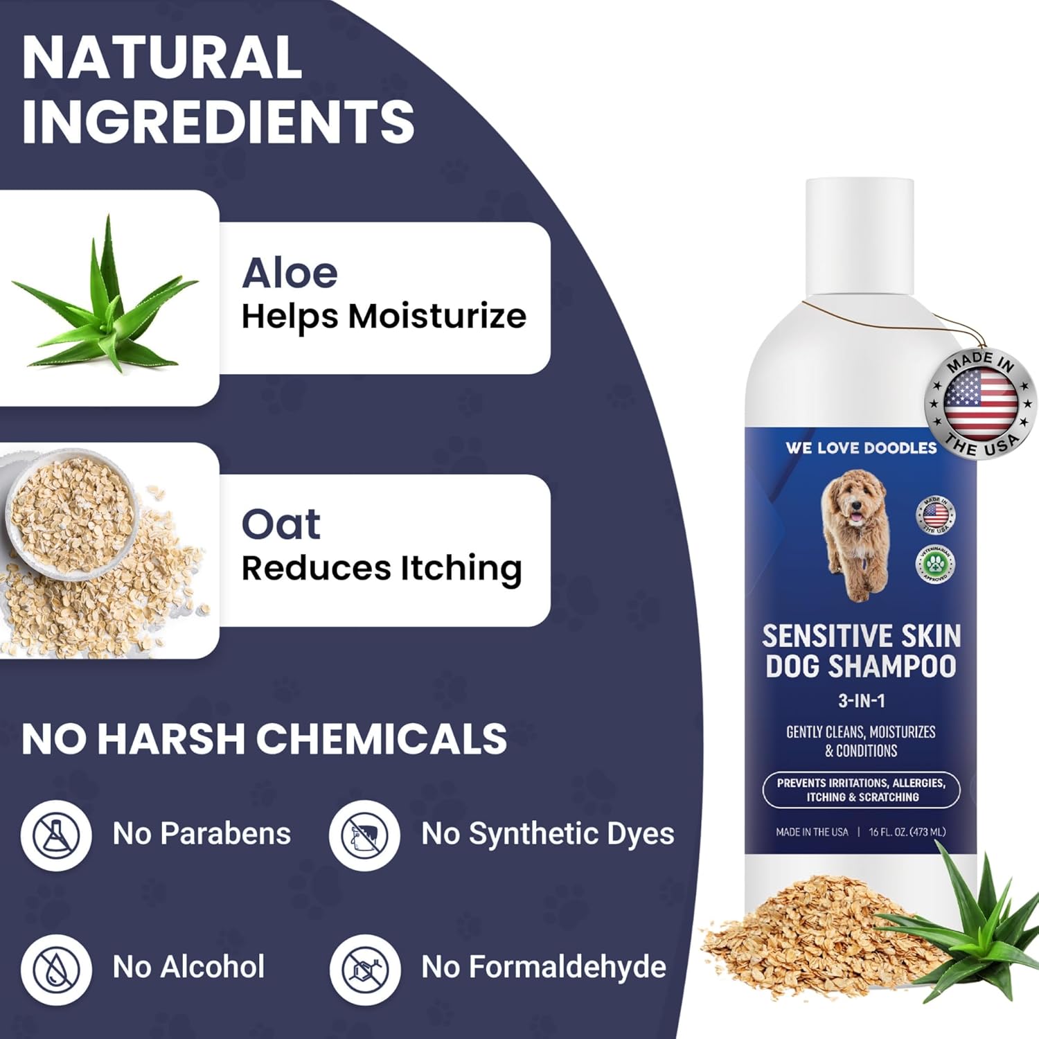 Premium 3-in-1 Sensitive Skin Dog Shampoo, Great for Allergies, Itching, Scratching, Anti-Itch Shampoo for Dogs with Oatmeal & Aloe, Made in USA, Natural Ingredients, 16 oz [We Love Doodles]