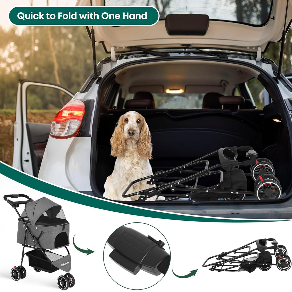 Pet Stroller,Dog Stroller for Small Medium Dogs Cats,3 Wheels,Foldable,with Breathable Mesh Canopy,Cup Holders,Easy Assembly,Grey