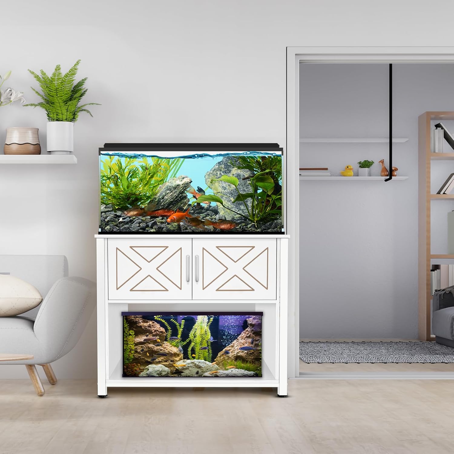 40 Gallon Tank Stand with Cabinet and Power Outlets, Heavy Duty Metal Aquarium Stand for 40-50 Gallon Breeder Tank, Turtle Tank, Double Terrarium Stand, 660LBS Capacity, White