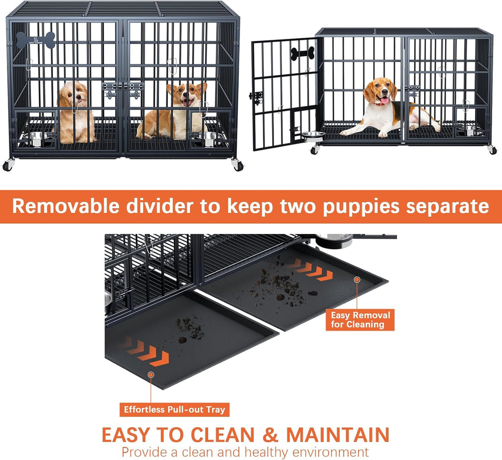 aboxoo 42/48 inch Heavy Duty Metal Dog Crate for 2 Dogs/Large Dog,All Metal Open Top Stackable,Dog Kennel Indoor with Wheels,Floor Grid, Tray, Divider and Feeding Bowl