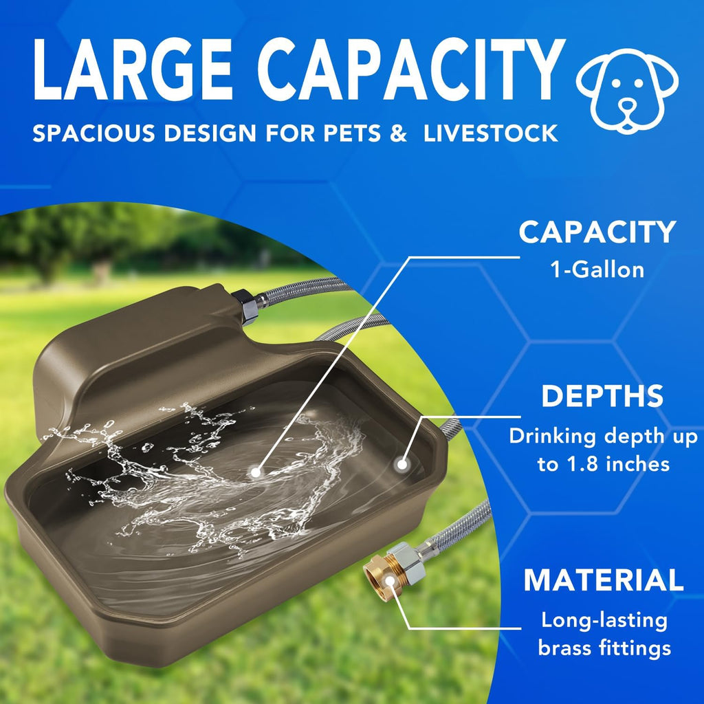 Automatic Dog Water Bowl Dispenser 1 Gallon - Outdoor Pet Water Bowl Feeder for Dogs, Livestock, Chicken - Auto Fill - Food Grade Material - Easy to Install - Brown