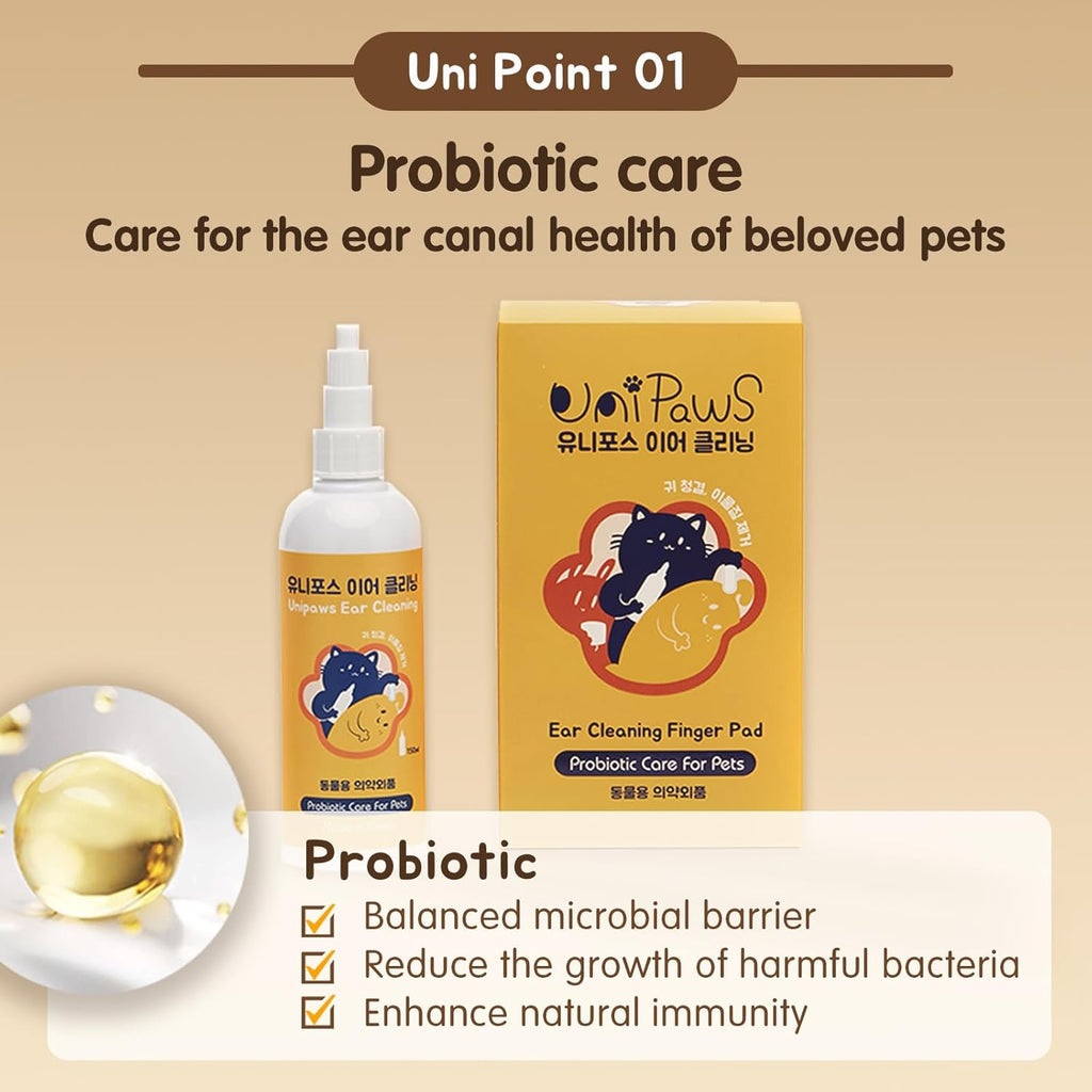 UNIPAWS Pet Ear Drops & Wipes Set for Dogs & Cats – Veterinary-Approved Ear Cleaner & Deodorizer – Reduces Wax Buildup, Relieves Itching & Infection – 5.1 fl oz + 50 PCS Finger Wipes – Made in Korea