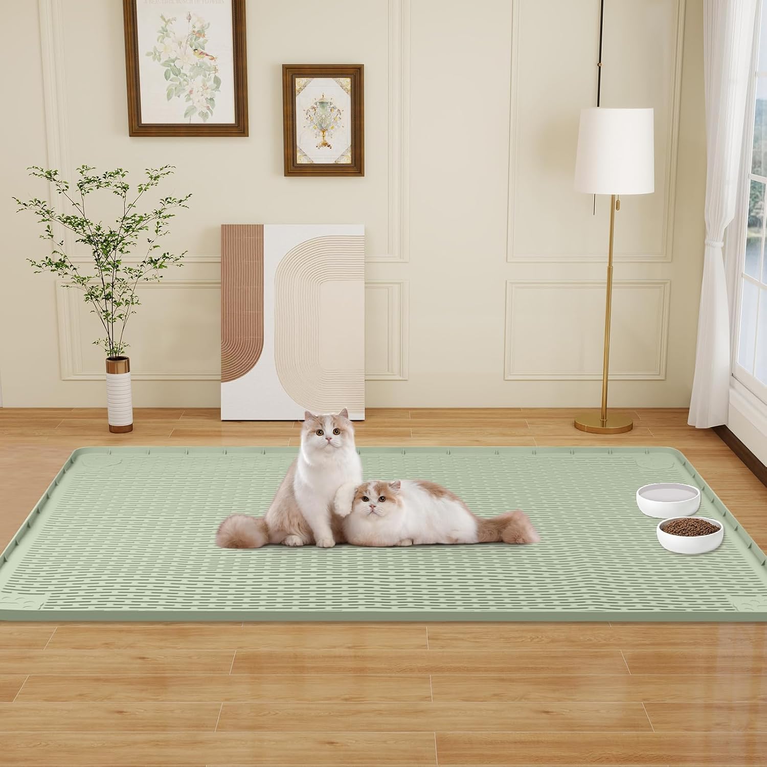 Cat Food Mat, 50" x 35" Extra Large Silicone Pet Feeding Mat with Raised Edge Pet Placemat for Food and Water Bowl Non-Slip, Easy to Clean, Floor Protection (Green)