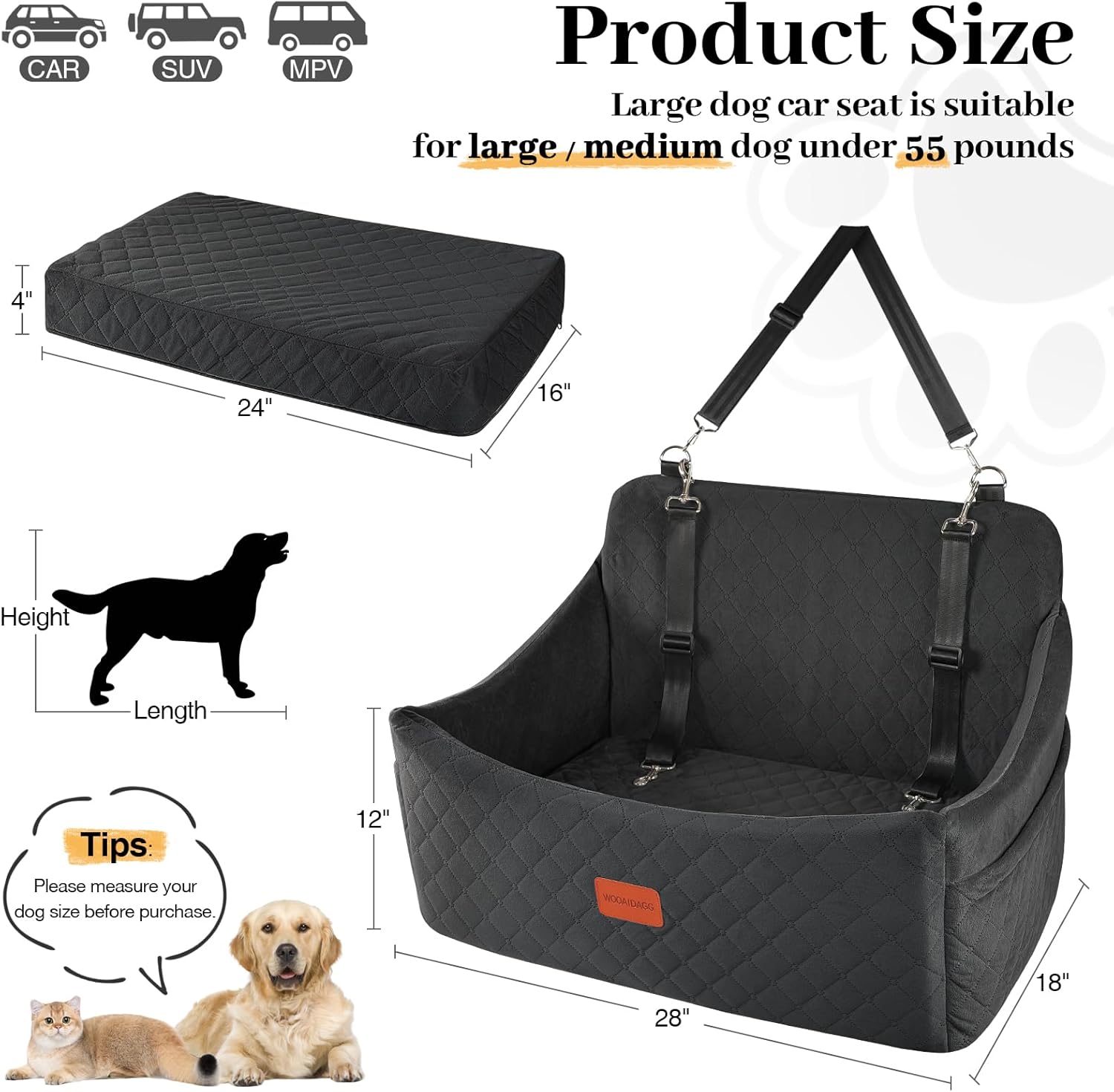 Dog Car Seat for Medium & Large Dogs Up to 55lbs, Memory Foam Cushion, Washable Cover, Safety Straps & Non-Slip Bottom(Black,Large)