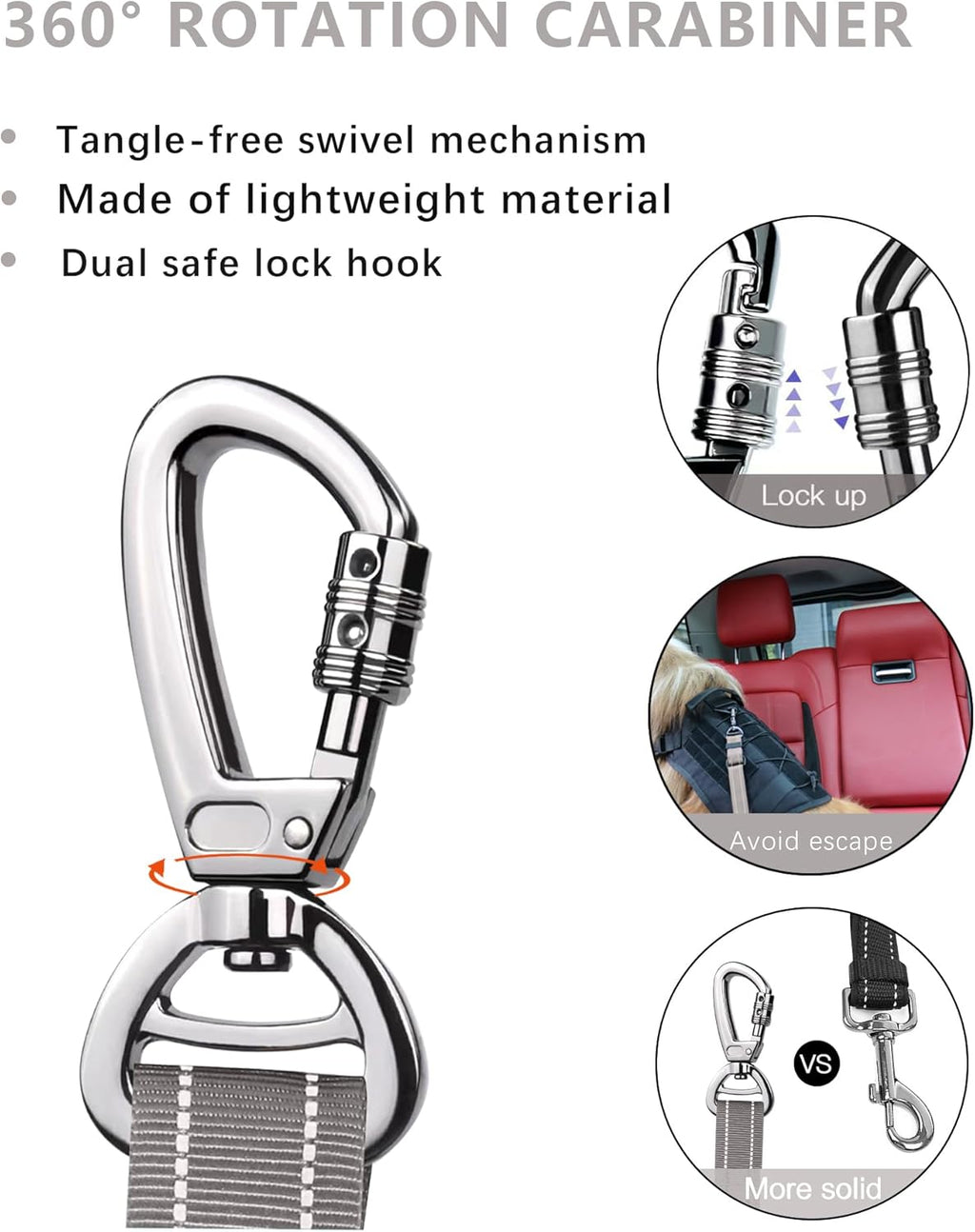 AUBELL Dog Seat Belt for Car,Updated 3-in-1 Adjustable Reflective Bungee Heavy Duty Dog Car Harness Tether with Clip Hook Latch & Buckle,Swivel Zinc Alloy Carabiner,Grey