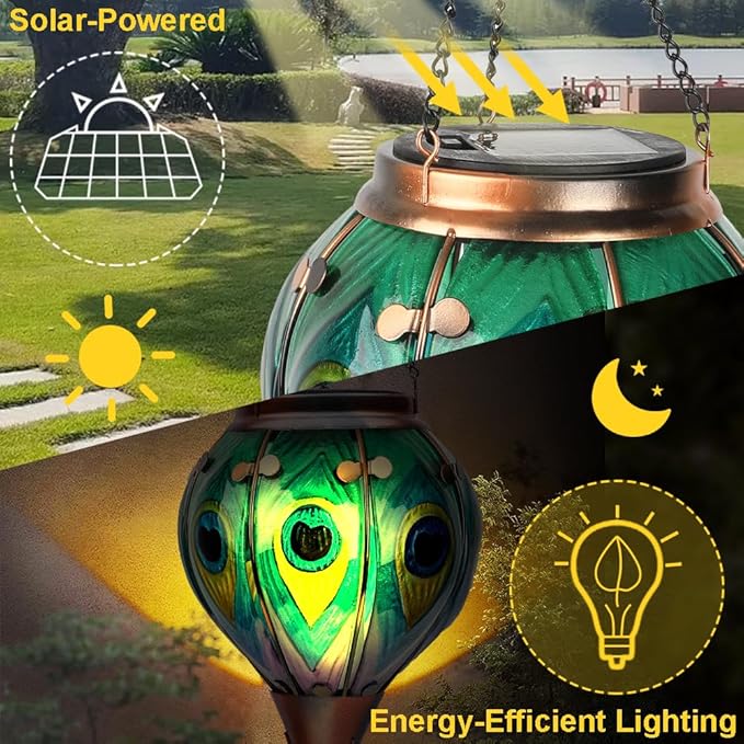 Hot Air Balloon Solar Lantern, Peacock Hanginng Lights, Glass Solar Lantern Waterproof for Outdoor Garden Decor