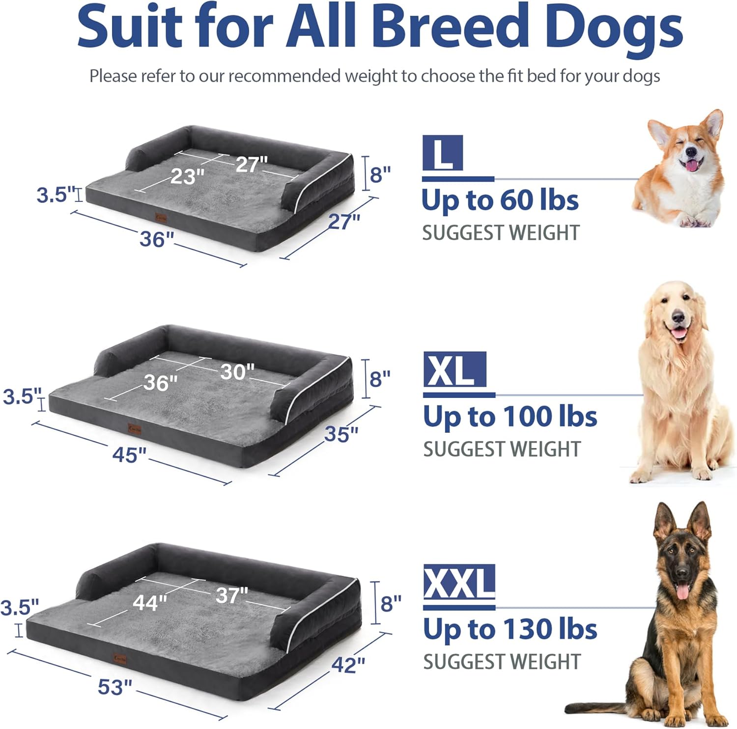 Orthopedic Dog Beds for Extra Large Dogs, Memory Foam Dog Couch Beds with Comfy Bolster, Waterproof Dogs Beds XLarge, Removable Washable Cover and Nonskid Bottom (X-Large, Dark Grey)