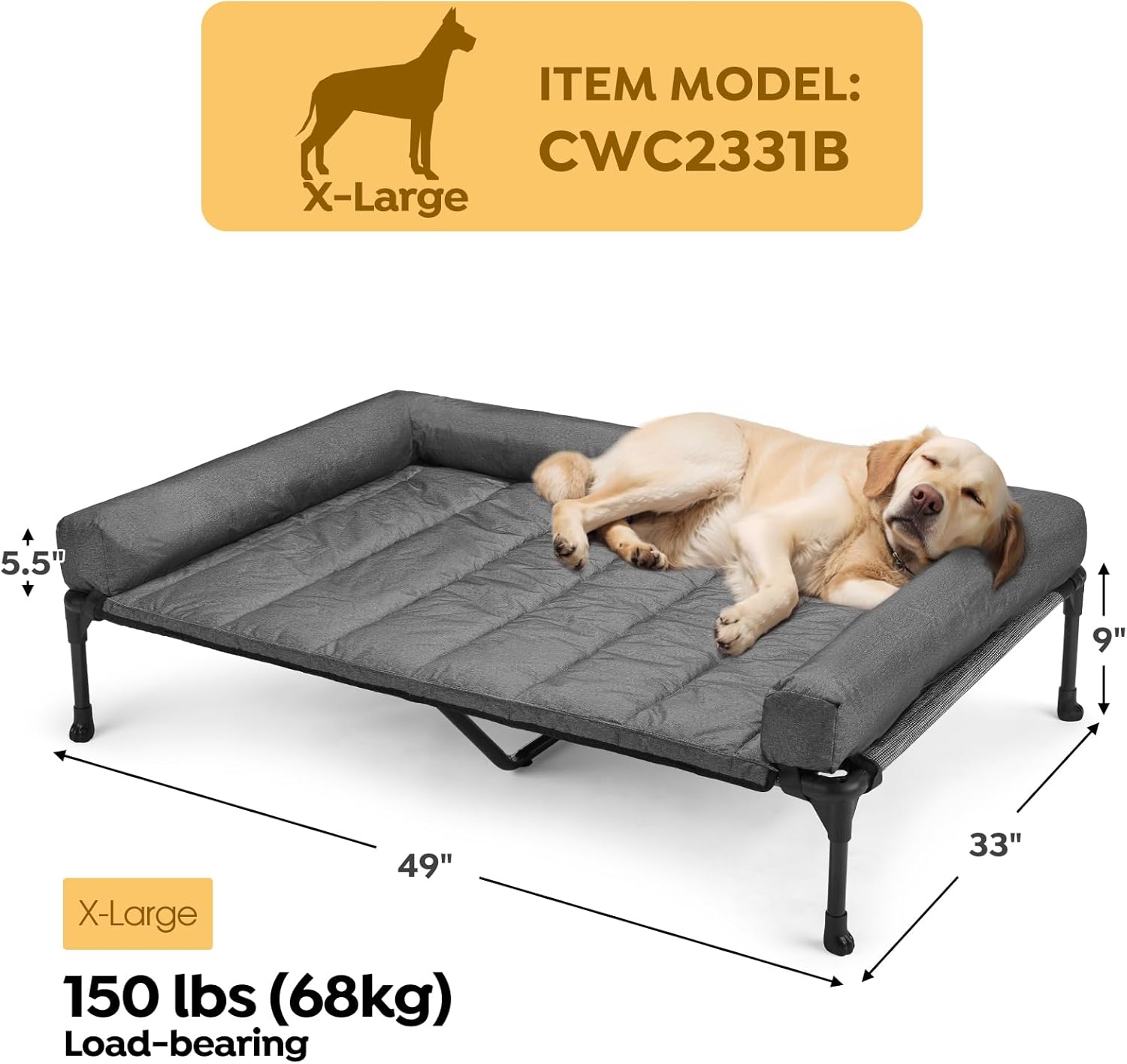 Veehoo Cooling Elevated Dog Bed Add Removable Waterproof Bolster Cushion Mat, Raised Pet Cot with Breathable Teslin Mesh, No-Slip Feet, Dog Sofa Bed for Indoor Outdoor, XLarge, Black Silver