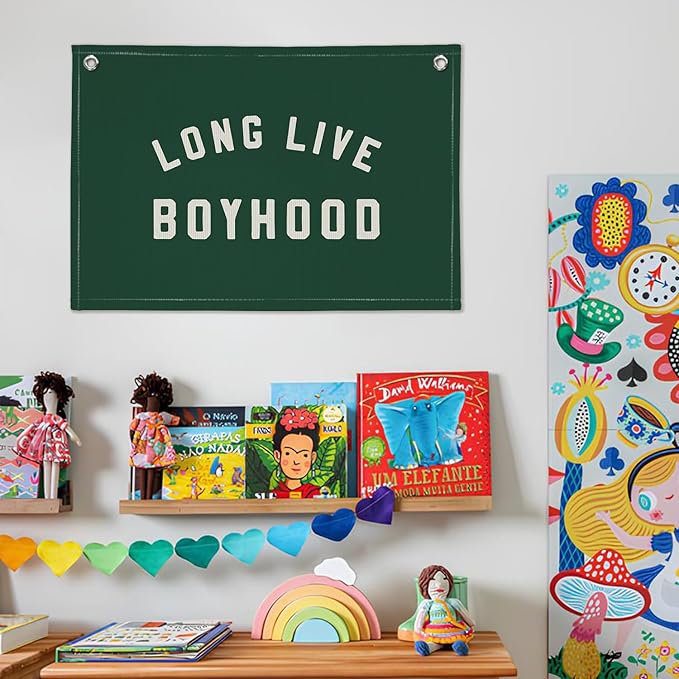Long Live Boyhood Boys Room Decor - Linen Banner Wall Hanging Canvas Banner Flag Decor for Toddler Boy Room Nursery Playroom - Dark Green