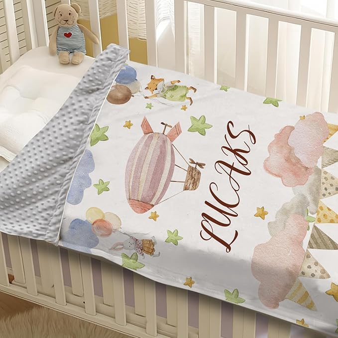 Personalized Baby Blanket for Girls, Custom Name Blanket for Newborn New Mom, Soft Flannel with Double Layer Dotted Backing, Gifts for Baby Shower Christmas Birthday, Hot Air Balloons(30”x40)