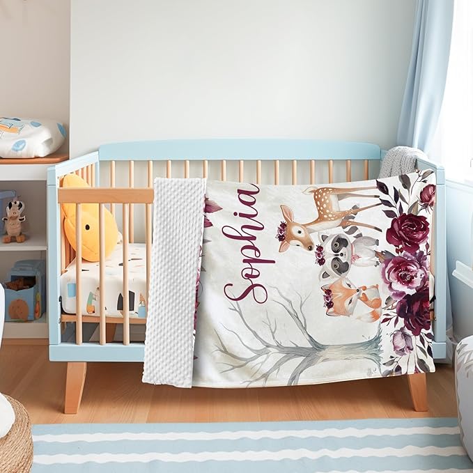 Custom Baby Blanket with Name, Double Layer Soft Dot Back Personalized Baby Blanket for Boys Girls, Woodland Blanket for Newborn Toddler, Customized Swaddle for Kids Birthday Gifts(30”x40)