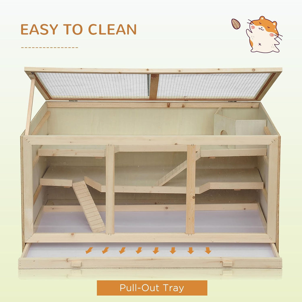 PawHut 45" Extra Large Wooden Hamster Cage, 3-Layer Chewproof Rat Cage with Opening Roof, Hut, Ramps, for Gerbil, Dwarf & Syrian Hamsters, Natural