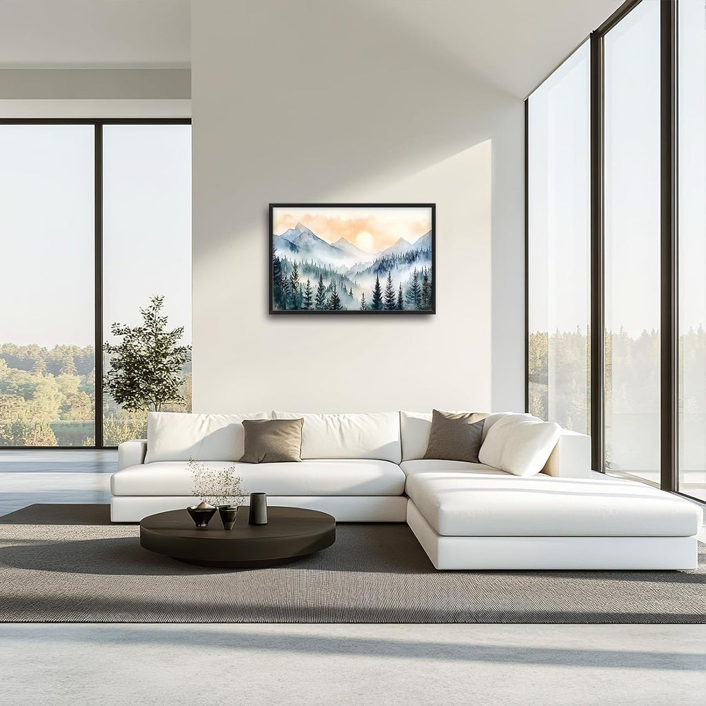 Large Misty Mountain Forest Wall Art for Living Room, Framed Foggy Sunrise Landscape Wall Decor Oversized Watercolor Canvas Painting Modern Artwork Home Decoration for Bedroom Office 36"x24"