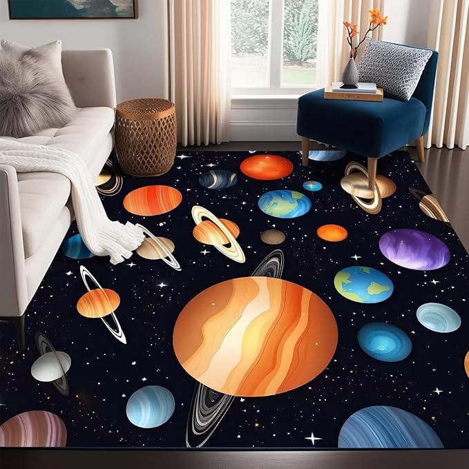 Space Rug for Kids Room Rugs Cartoon Stars Carpet Galaxy Planet Printed Throw Rugs for Boys Children Bedroom Living Room,39 in x 79 in
