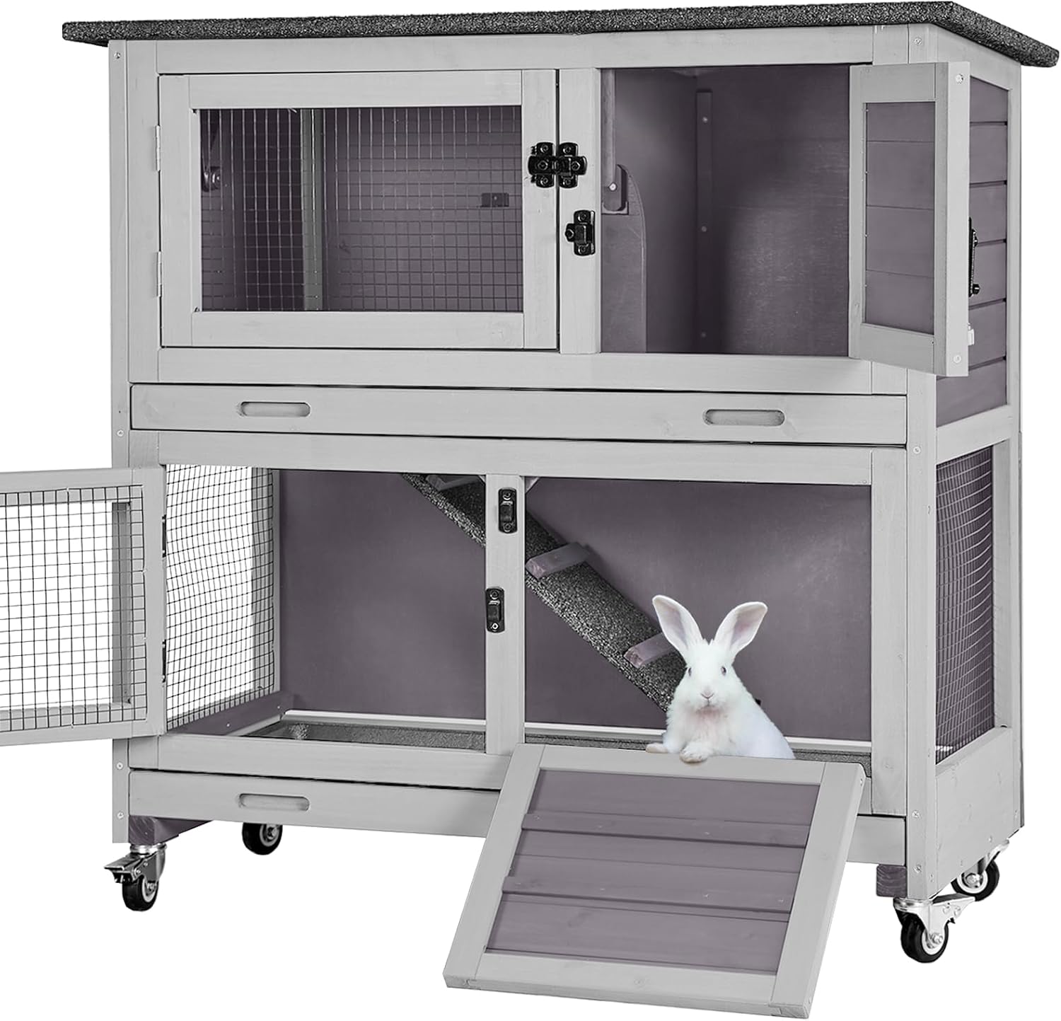 Rabbit Hutch Indoor Outdoor, Bunny Cage with Casters, Guinea Pig Cage Bunny Hutch with Two Plastic Trays 36inch