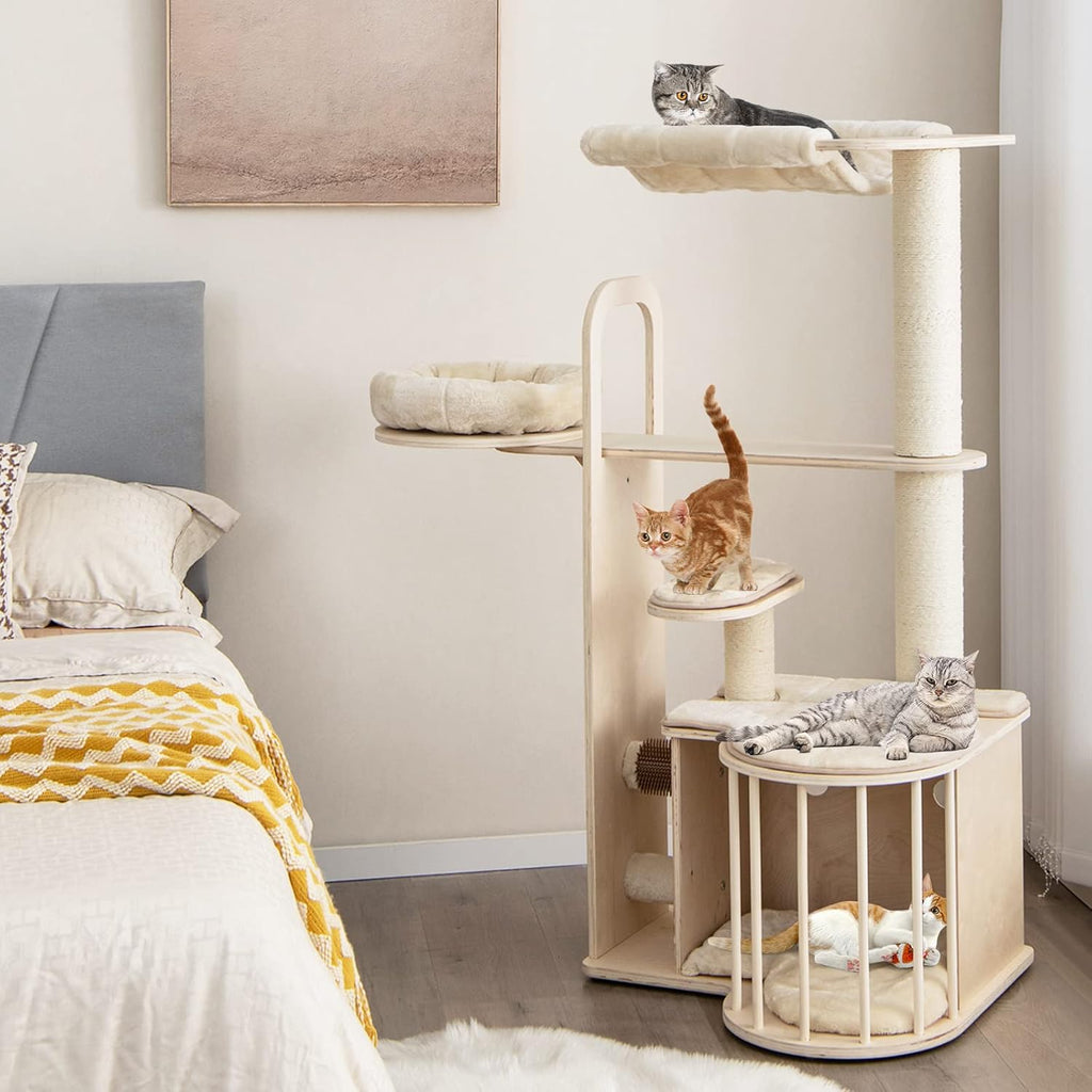Tangkula Wood Cat Tree for Indoor Cats, 55 Inch Multi-Level Cat Tower Activity Center with Hammock, Cat Condo, Sisal Scratching Posts & Washable Cushions, Modern Cat Tree Houses for Large Cats