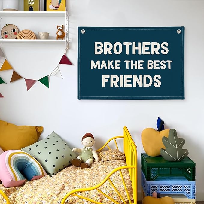 Brothers Make The Best Friends Banner, Boys Room Decor, Toddler Boy Linen Banner Wall Hanging Flag Decor for Nursery 20x30 - Navy Blue