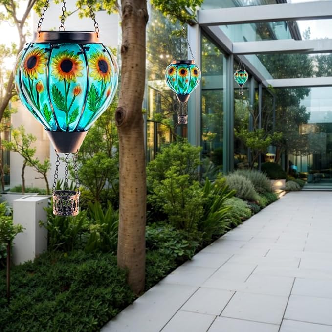 Starsoul Sunflower Hot Air Balloon Solar Lantern Glass Outdoor Hot Air Balloon Solar Flickering Flame Light Waterproof Hanging Lamp Garden Patio Yard Party Decor