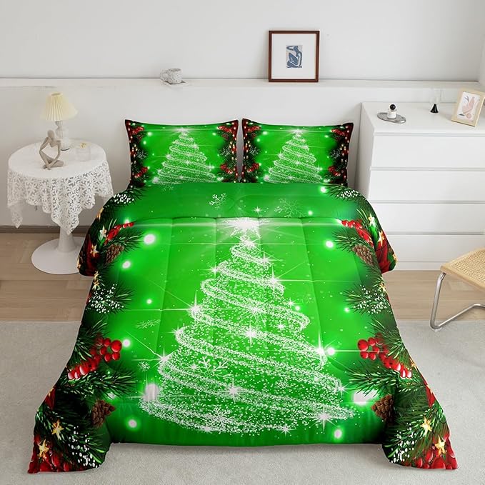 Feelyou Kids Merry Christmas Decorations Comforter Set, Kids Santa Tree Bedding Set Toddler Size for Boys Girls Teens Xmas Christmas Bell Decor Comforter Glitter Green Quilt Set