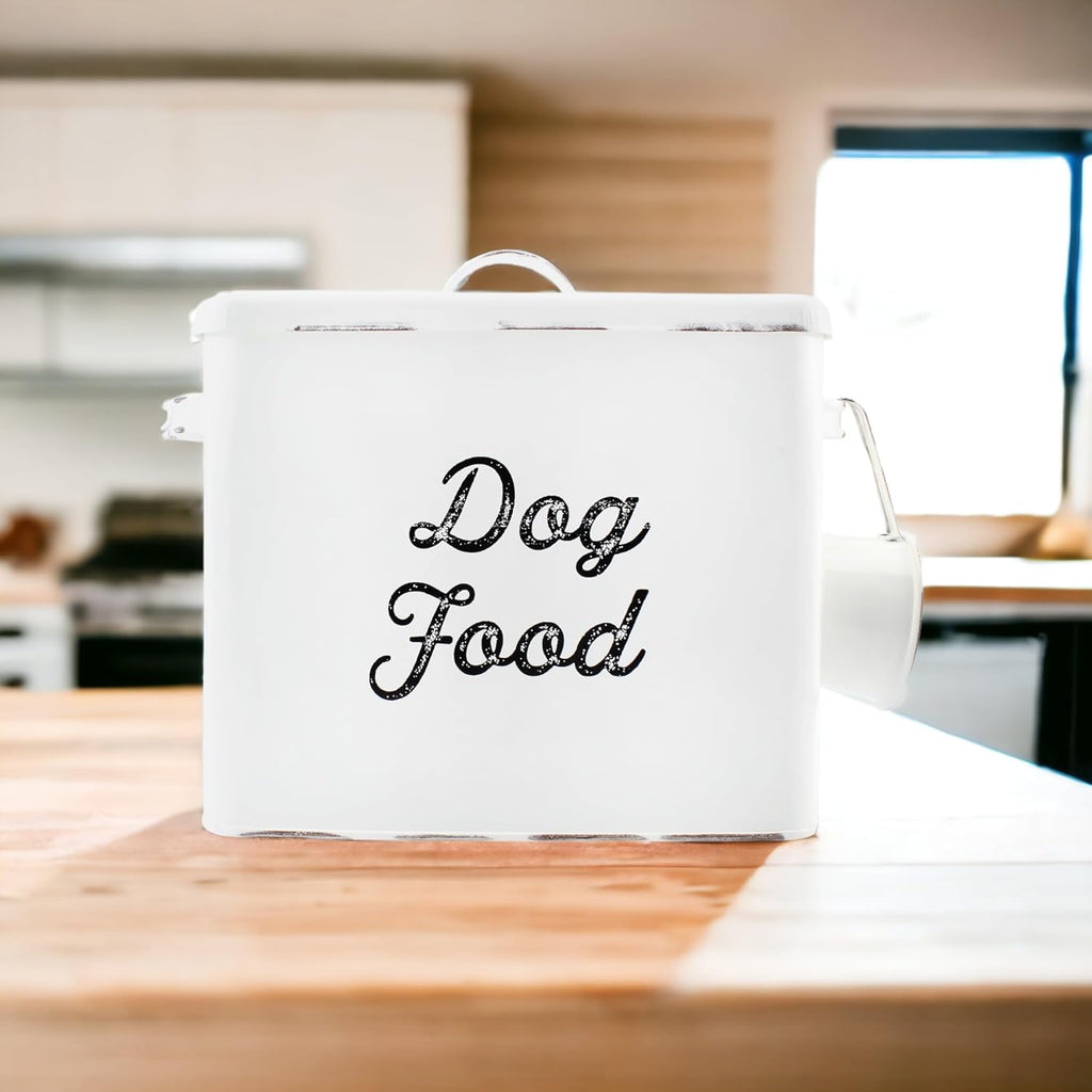 AuldHome Rustic Dog Food Canister; White Farmhouse Style Storage Bin for Small Dogs