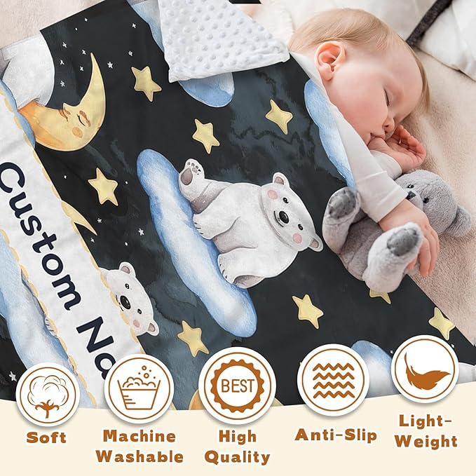 Custom Baby Blanket with Name, Double Layer Soft Dot Back Personalized Baby Blanket for Boys Girls, Polar Bear Blanket for Newborn Toddler, Customized Swaddle for Kids Birthday Gifts(30" x40)