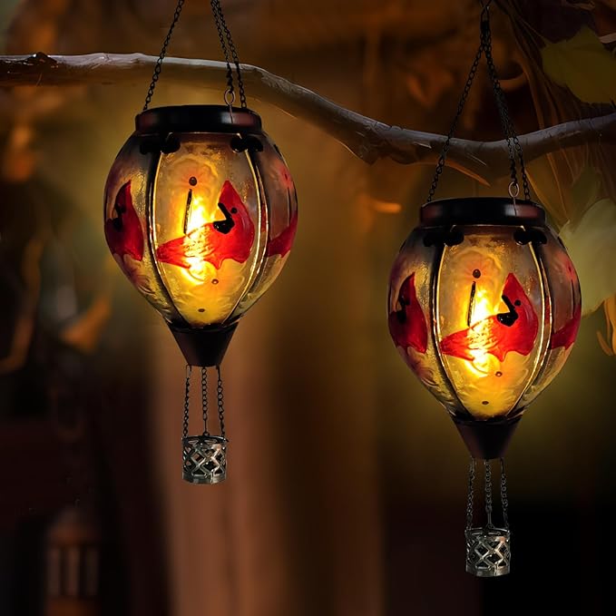 Glass Solar Hot Air Balloon Lantern with Flame Hanging Garden Flickering Light Outdoor Waterproof for Yard Patio Tree Mother's Day Gift, Cardinal