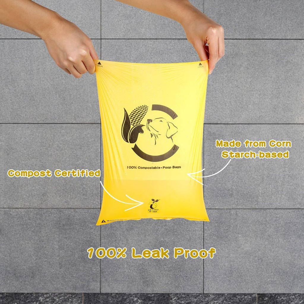 Certified Compostable Dog Poop Bags, 120 Count Landfill Friendly and Leakproof Waste Bags, Easy Open Unscented Maize Yellow Poop Bag for Dog, 15 Doggy Bags Per Roll (8 rolls)