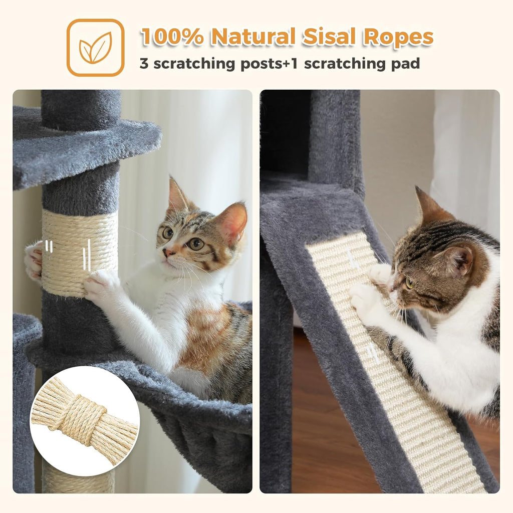 PAWZ Road Cat Tree, 51.6 Inches Cat Tower with Dual Condos, Spacious Perch, Cozy Basket and Sisal-Covered Scratching Posts for Indoor Cats- Dark Gray