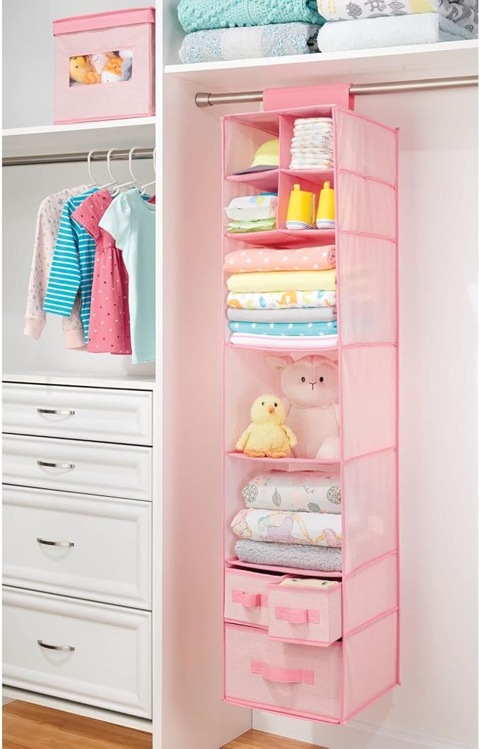 mDesign Fabric Hanging Organizer - Over Closet Rod Storage with 7 Shelves and 3 Removable Drawers for Baby Nursery or Bedroom Organization - Holds Clothes, Linens, Toys, Accessories - Pink Herringbone