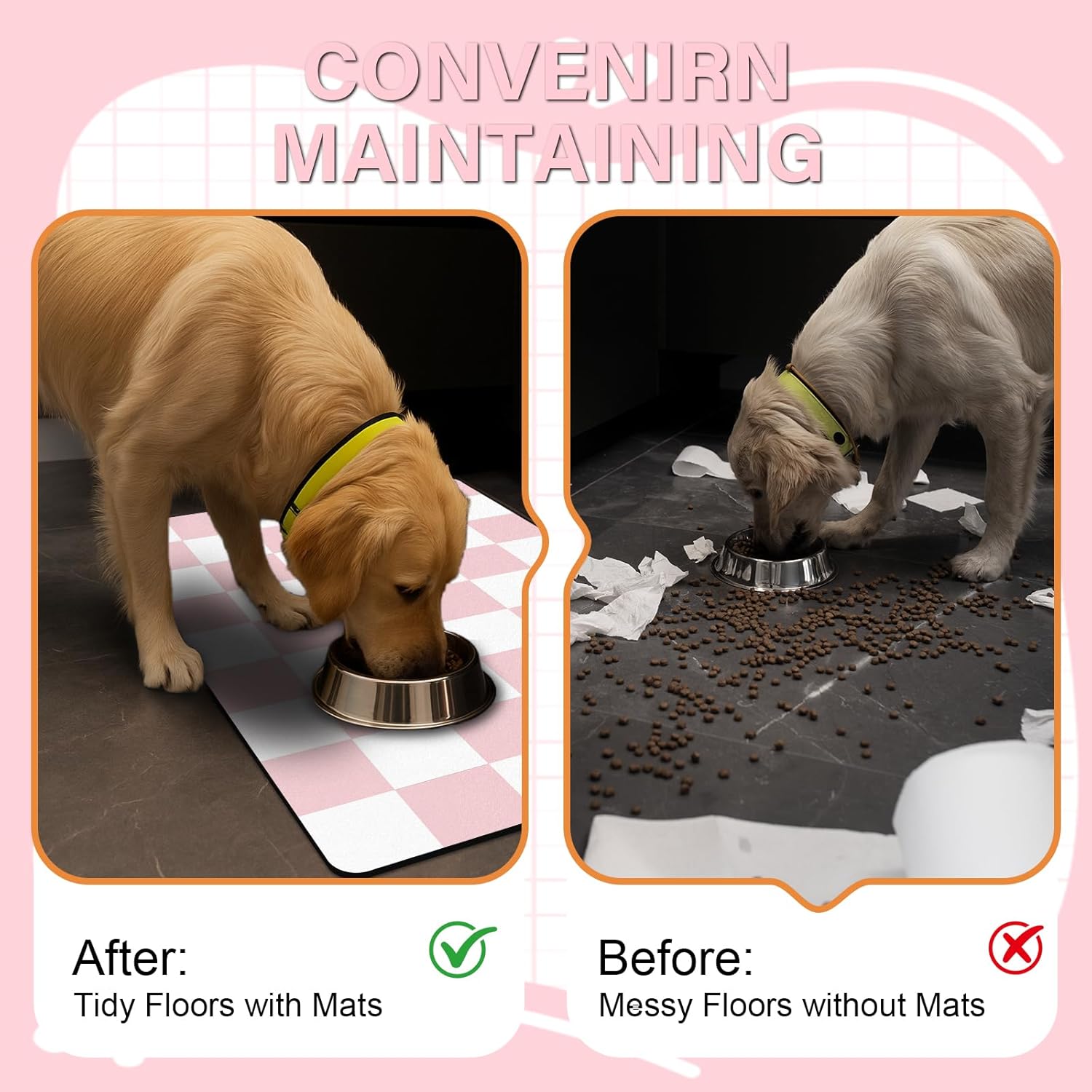 Pet Feeding Mat, 16"x 24" Absorbent Dog Food Mat, Checkered Cat Bowl Mats, Easy to Clean Pet Placemats, Quick Dry Dog Water Dispenser Mats for Messy Drinkers, Pink & White
