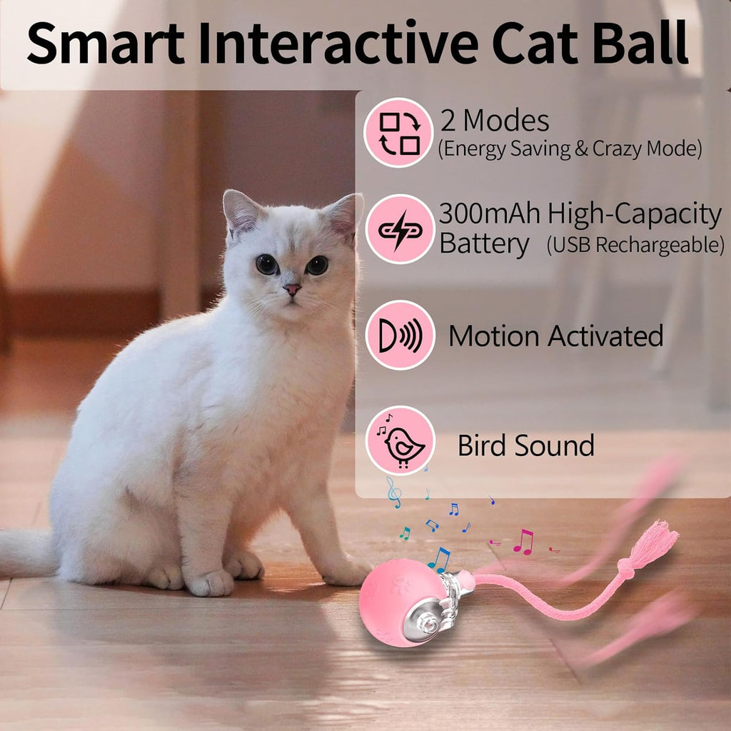 Interactive Cat Toys, Automatic Moving Cat Toys for Bored Indoor Adult Cats, Fast Rolling, Chirping & Motion-Activated Kitty Toys, Fun Gift for Cats with Speedy Tail 2.0, USB Rechargeable,Pink