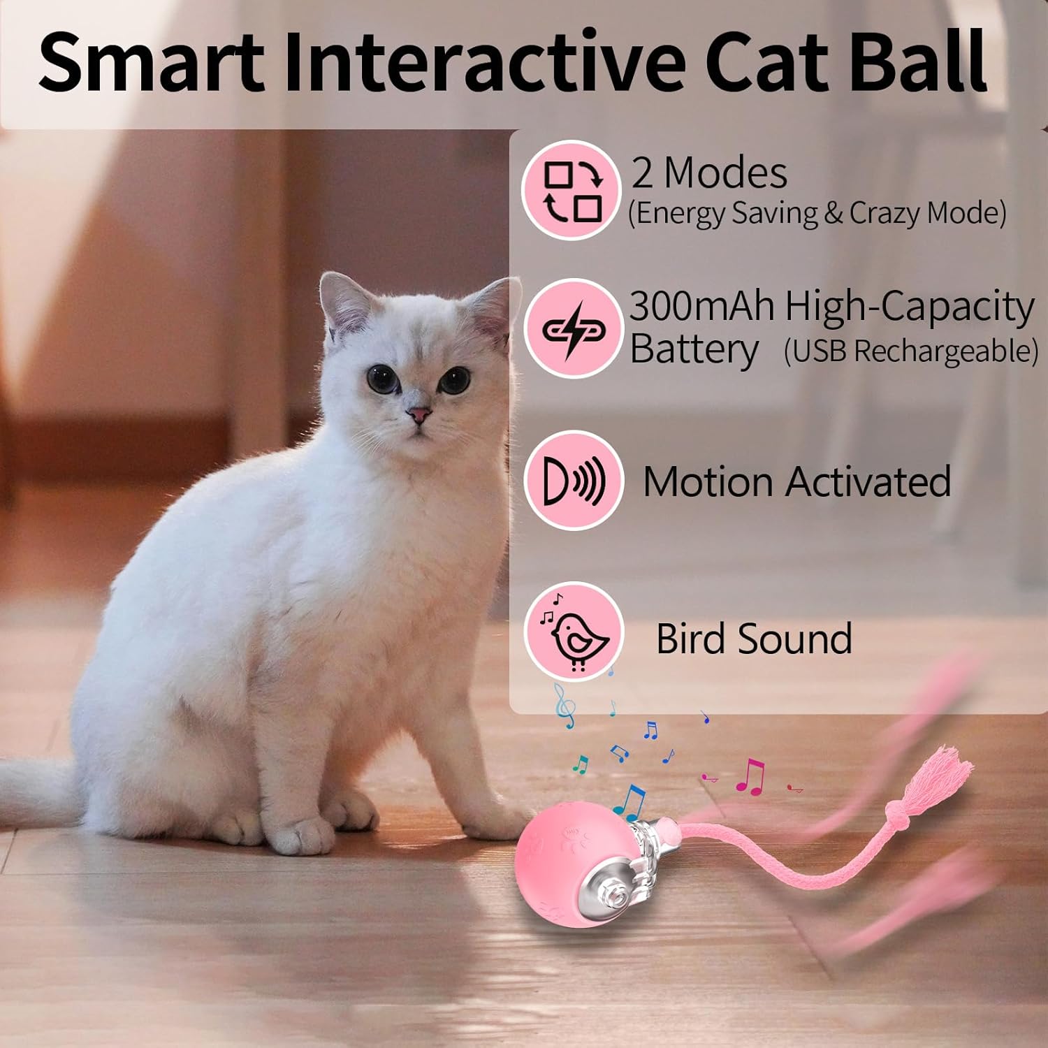 Interactive Cat Toys, Automatic Moving Cat Toys for Bored Indoor Adult Cats, Fast Rolling, Chirping & Motion-Activated Kitty Toys, Fun Gift for Cats with Speedy Tail 2.0, USB Rechargeable,Pink