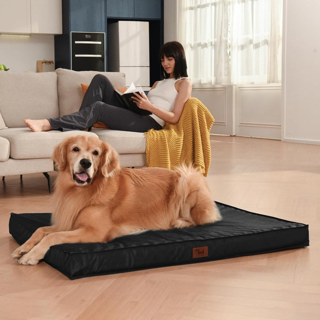 Outdoor Extra Large Dog Bed, Jumbo Waterproof Dog Bed for Large Dogs, Orthopedic Egg Foam Pet Bed Mat with Removable Oxford Cooling Cover, Black