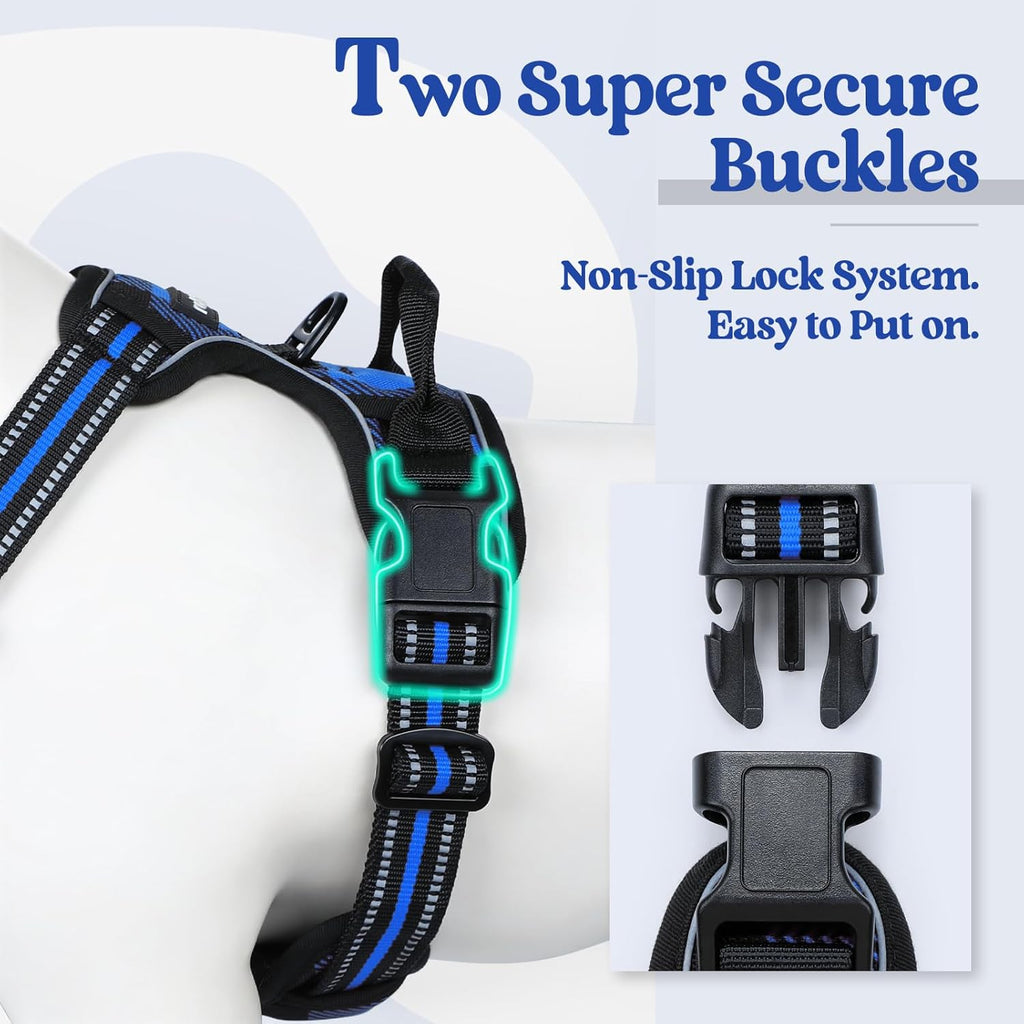 rabbitgoo Dog Harness No Pull with 2 Leash Clips, Adjustable Soft Padded, Reflective Oxford No Choke Pet Vest with Easy Control Handle for Large Dogs, Blue Plaid, L