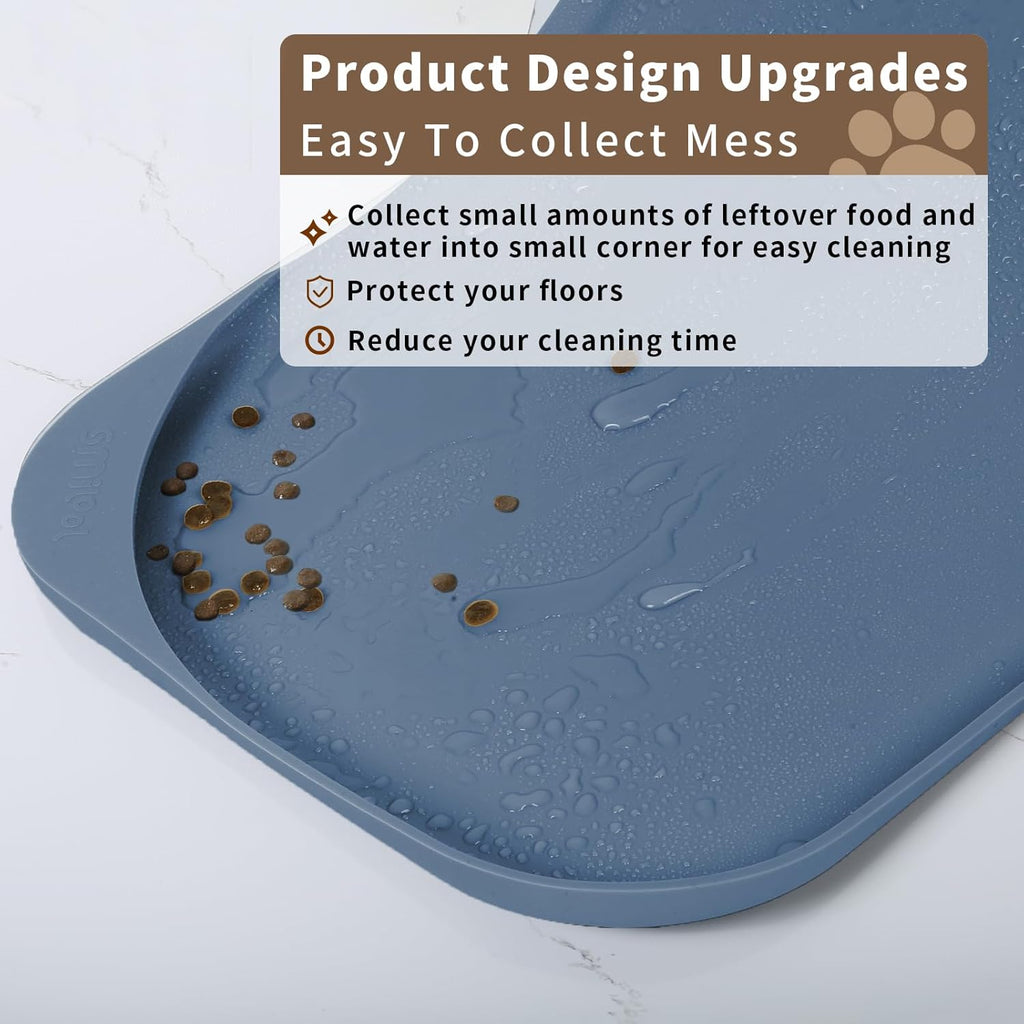 Silicone Pet Feeding Mat with Raised Edge & Residue Collection Pocket for Food and Water, Dog Bowl Mats, Cat Bowls Placemat with High Lip for Floor Waterproof, 24 x 16 x 0.8 Slate Blue
