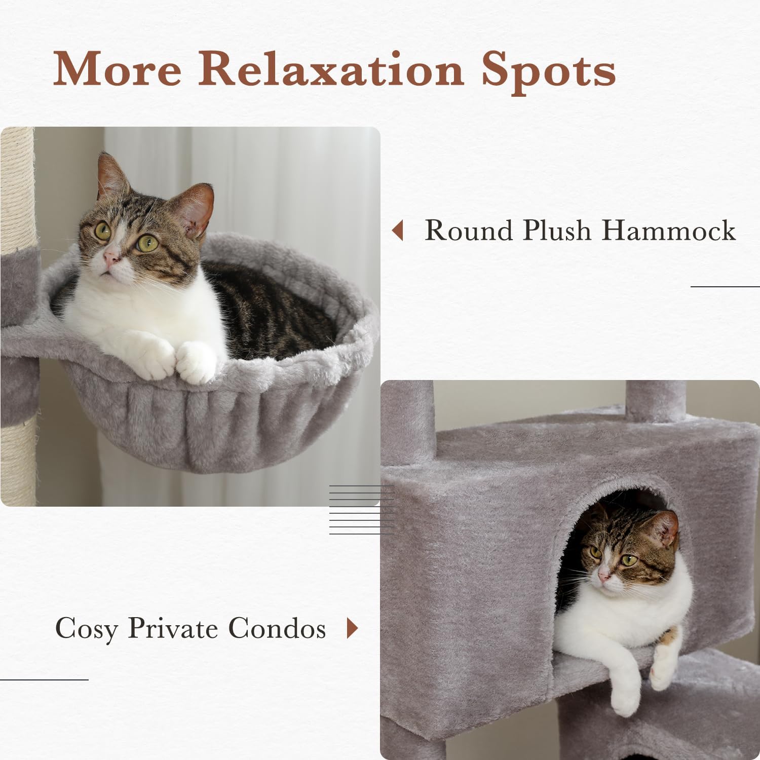 PAWZ Road Cat Tree, 60 Inches Cat Tower with Dual Condos, Spacious Perch, Cozy Basket and Sisal-Covered Scratching Posts for Indoor Cats- Gray