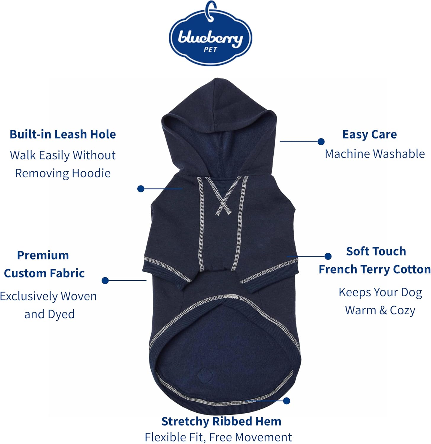 Blueberry Pet Essentials Soft & Comfy Better Basic Cotton Blend Dog Hoodie Sweatshirt in Midnight Blue, Back Length 16", Pack of 1 Jacket for Dogs