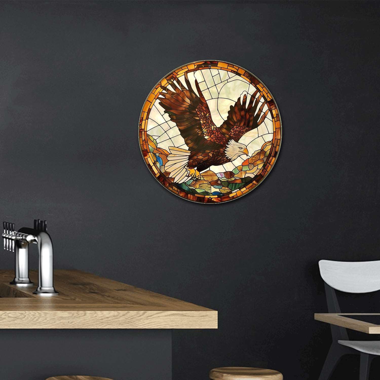 Lygond Metal Sign Tin Sign Circular Stained Glass Eagle Metal Garden Signs for Pet 8×8 Inches