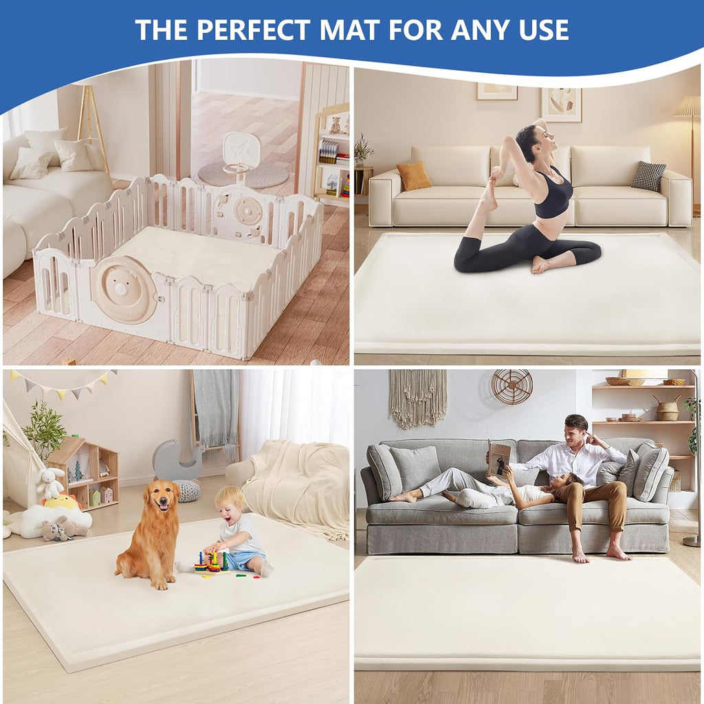 Baby Play Mat for Floor,1.3" Thick Memory Foam Tummy Time Mat,Water Repellent Soft Velvet Nursery Rug,Extra Large Non Slip for Crawling,Toddlers,Infants,Kids,Tatami Style for Living Room(Cream)