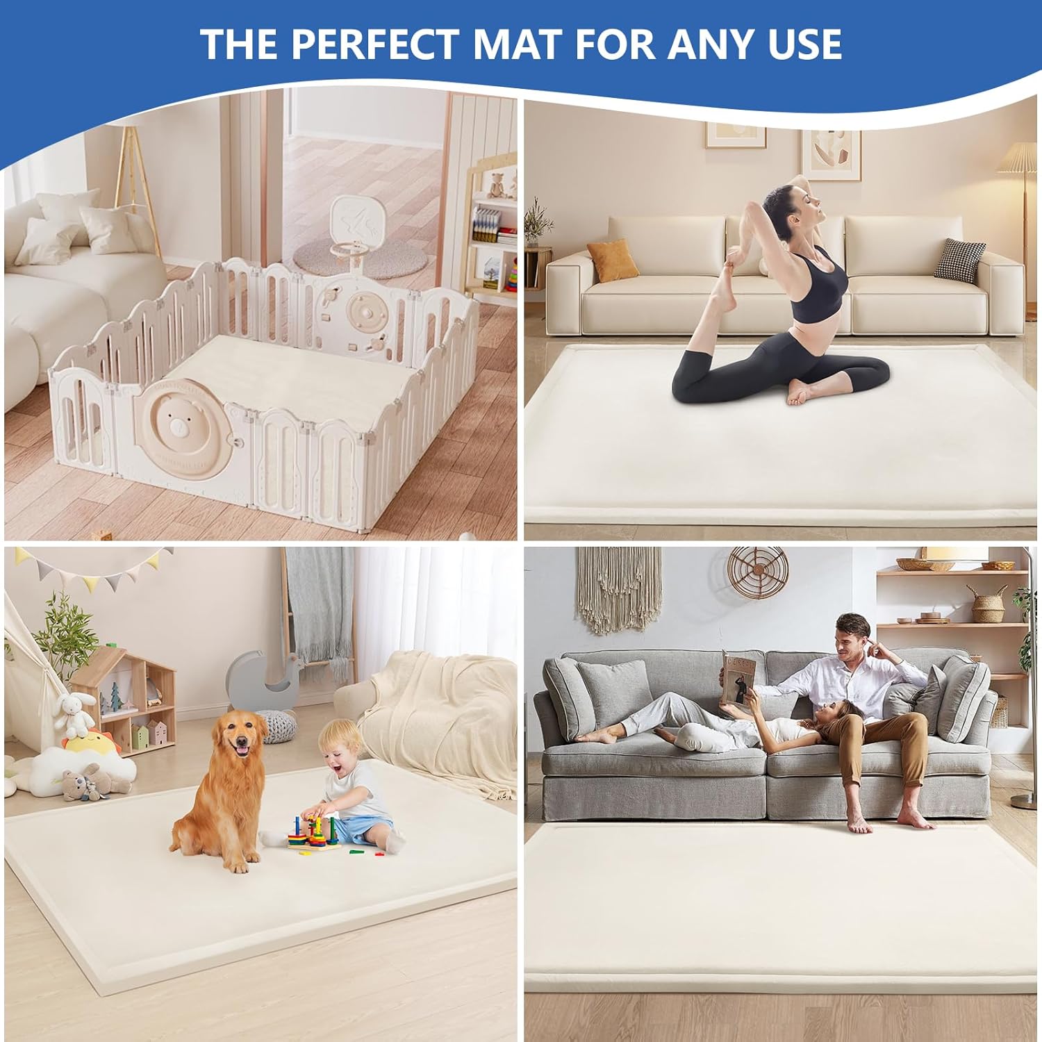 Baby Play Mat for Floor,1.3" Thick Memory Foam Tummy Time Mat,Water Repellent Soft Velvet Nursery Rug,Extra Large Non Slip for Crawling,Toddlers,Infants,Kids,Tatami Style for Living Room(Cream)