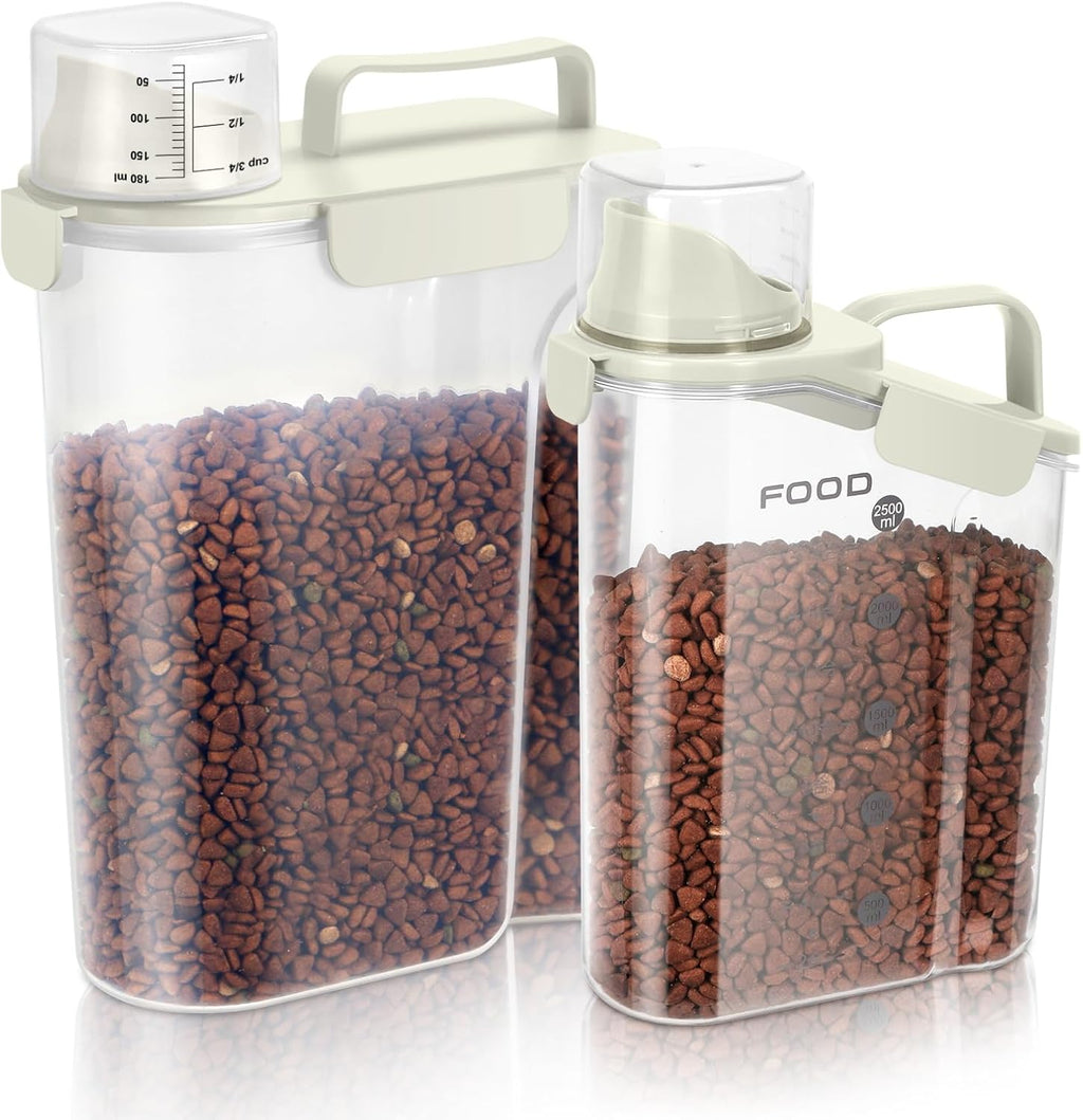 Dog Food Storage Container, Upgraded Large Nozzle BPA-free, 8-12 LBS Plastic Pet Food Storage Containers, With 4 Sealed Clasps, 1 Measuring Cup and Handle (2, Beige (3L+5L), (3L+5L))