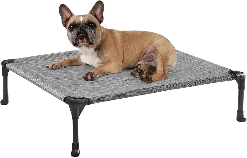 Veehoo Outdoor Elevated Dog Cot Bed, Cooling Raised Pet Bed for Medium Dogs, Washable Breathable Mesh Hammock Bed with No-Slip Feet, Indestructible Ground Off Training Platform Cot-32"x25"Black Silver