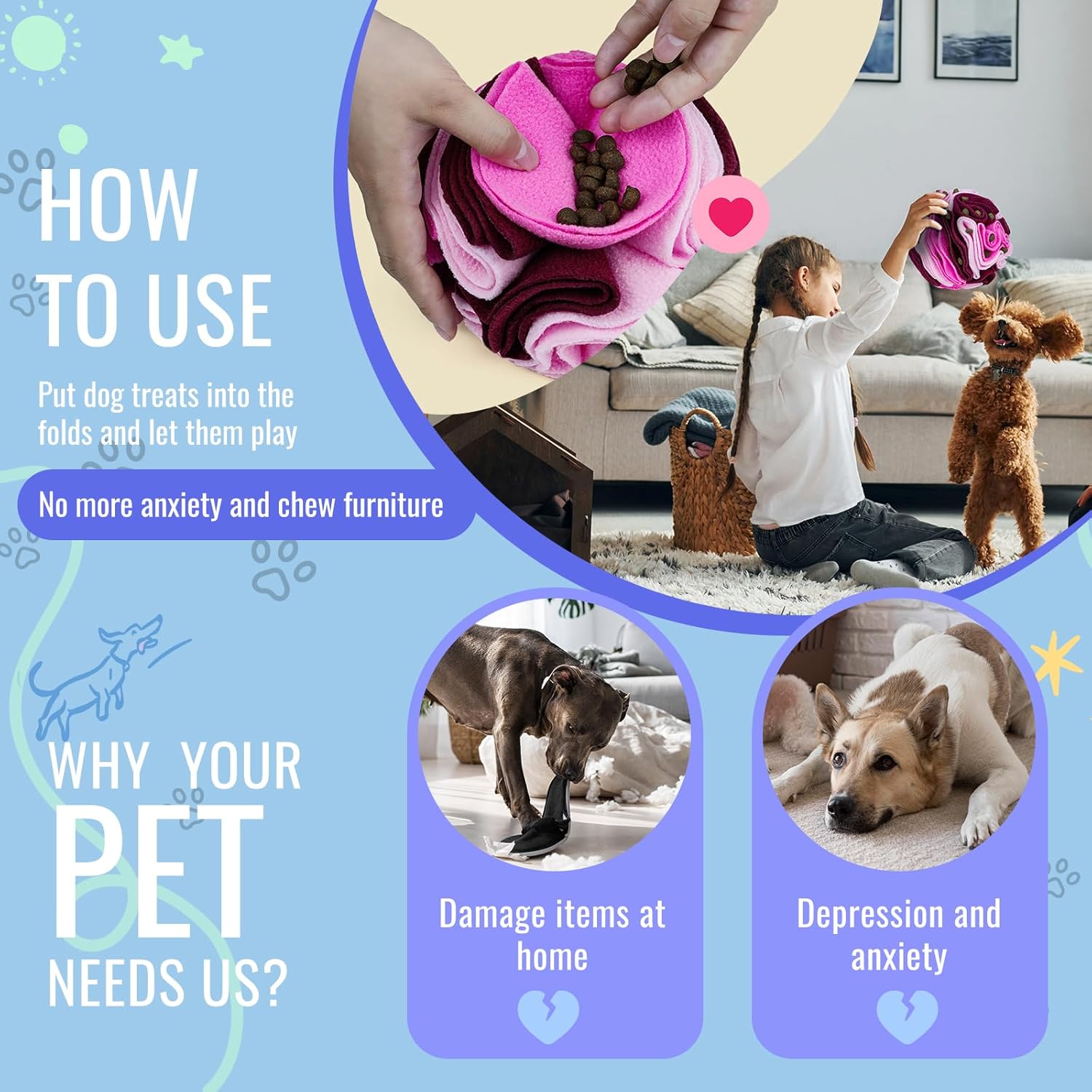 Pet Snuffle Ball, Puzzle Sniffing Interactive Dog Ball for Blind Dogs Training Stress Relief Dog Enrichment Toys Treat Machine Washable (15cm, Fantasy Pink)