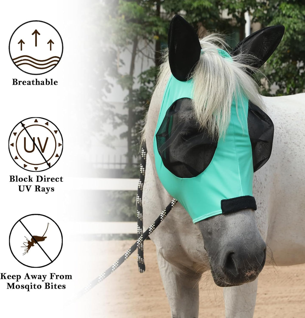 Horse Fly Mask with Ears - Large Eye Space for Full Vision, Breathable Stretch Comfort Fit, UV Protection, Forelock Opening, Easy Pull-On Green Cob