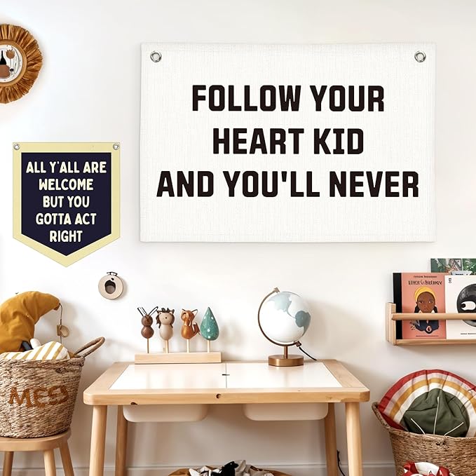 Lacama Follow Your Heart Kid And You'll Never Banner Kids Room Inspirational Mental Heath Pennant Banner Wall Hanging Decor for Girl Boy, 30x20 Inch