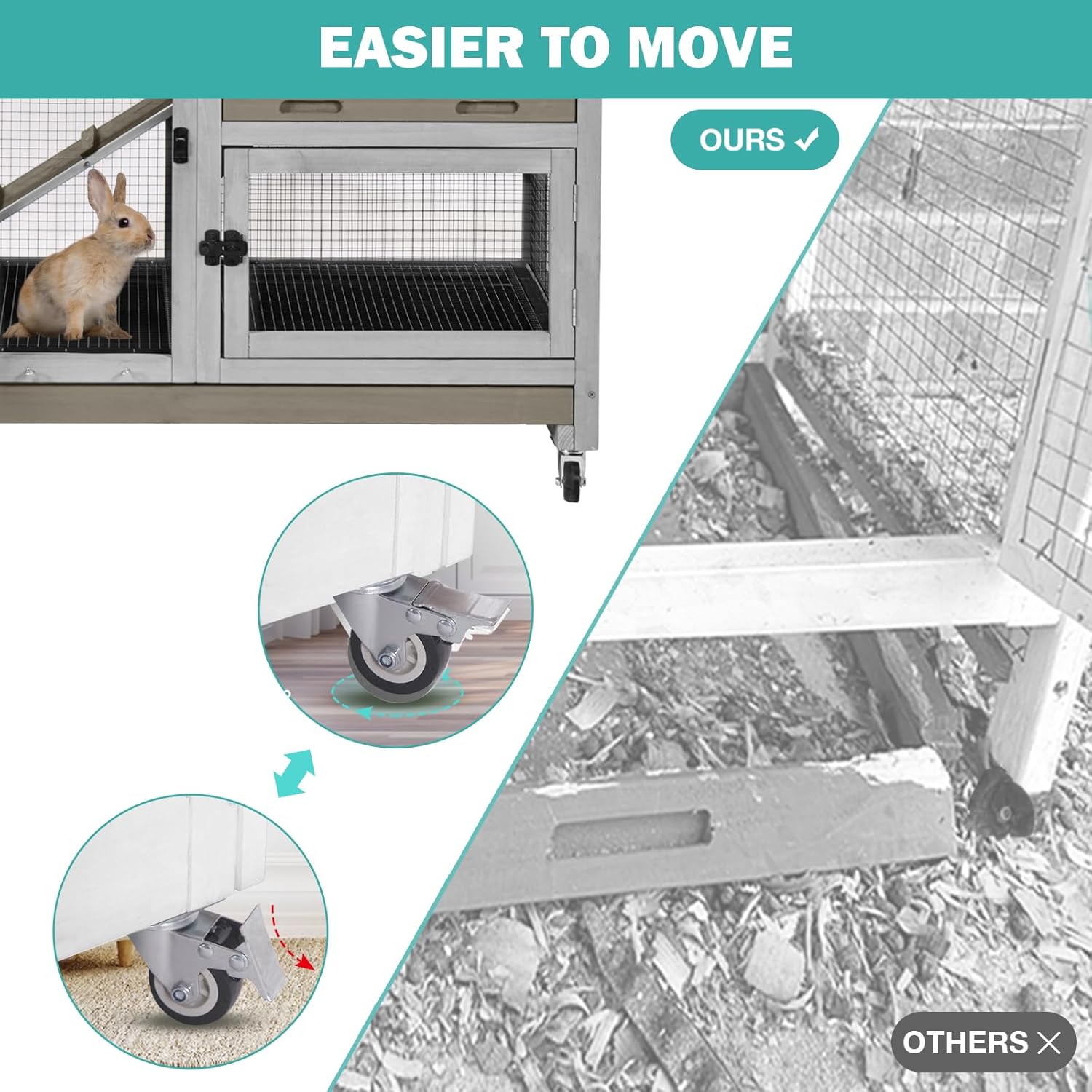Rabbit Hutch Indoor for 2-4 Rabbits & Guinea Pigs，Bunny Cage with Slide-Out Plastic Trays，Wooden Small Animal Cage for Rabbits, Bunnies, and Guinea Pigs (Light Brown)